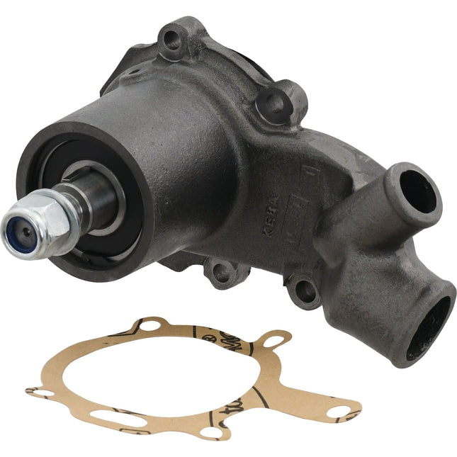 The Water Pump Assembly (Sparex Part No. S.41593) by Sparex is displayed with a metal housing and two outlet ports, featuring an efficient impeller inside. Positioned below the pump is a gasket.