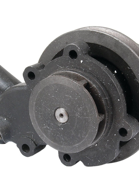 A black Water Pump Assembly (Supplied with Pulley) - S.48061 from Sparex, featuring round and cylindrical parts, multiple bolt holes, and a protruding pipe, serving as an alternative to the S.41593 pump or motor part.