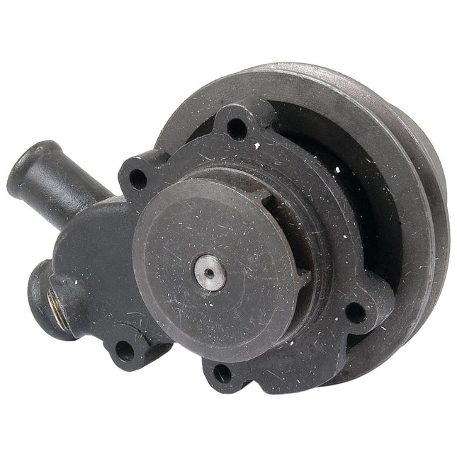 A black Water Pump Assembly (Supplied with Pulley) - S.48061 from Sparex, featuring round and cylindrical parts, multiple bolt holes, and a protruding pipe, serving as an alternative to the S.41593 pump or motor part.