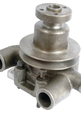 A metal automotive water pump with two inlet/outlet pipes, a central V-Style Pulley for belt attachment, and a Sparex Impeller for enhanced performance is known as the Water Pump Assembly (Supplied with Pulley) - S.60146 by Sparex.