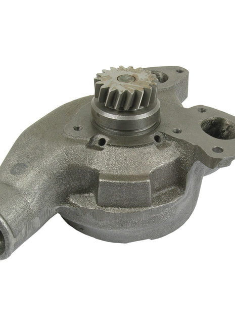 A Sparex Water Pump Assembly (Supplied with drive gear) - S.39884, is a metal automotive engine component featuring an impeller mechanism on top and a cylindrical outlet on one side.