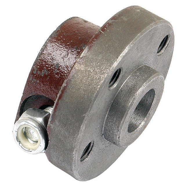 Water Pump Pulley with a central cylindrical hole, two smaller circular holes, and a bolt secured within a side socket. Perfect for use in Massey Ferguson machinery, this Sparex Part No.S.42742 component ensures precise alignment and secure fitment.