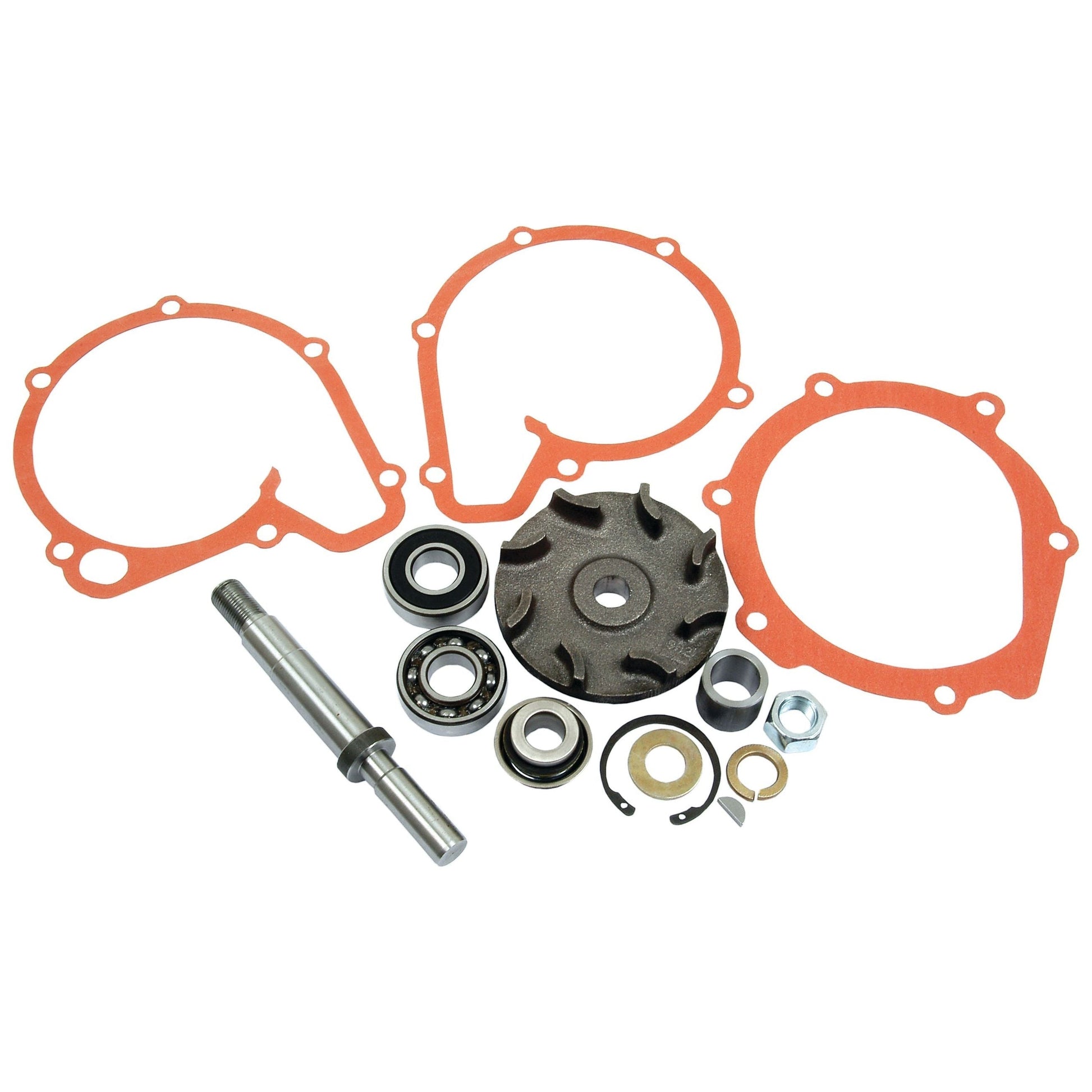 A comprehensive Water Pump Repair Kit from Sparex, including gaskets, a shaft, bearings, a water pump impeller, washers, nuts, and seals arranged on a white background – ideal for a Perkins Build List or Massey Ferguson restoration project.