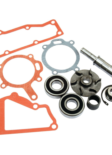 An assortment of various automotive engine parts from Perkins and Massey Ferguson, including gaskets, bearings, a shaft, and other mechanical components. The collection also includes the Water Pump Repair Kit (Sparex Part No. S.41592) from Sparex, all meticulously arranged on a white background.