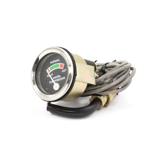 The Sparex Water Temperature Gauge, Temperature range (Sparex Part No. S.4341), commonly seen in classic David Brown and Massey Ferguson tractors, features green, white, and red zones labeled cold, normal, and hot. The gauge has a coiled metal sensor wire attached to it.