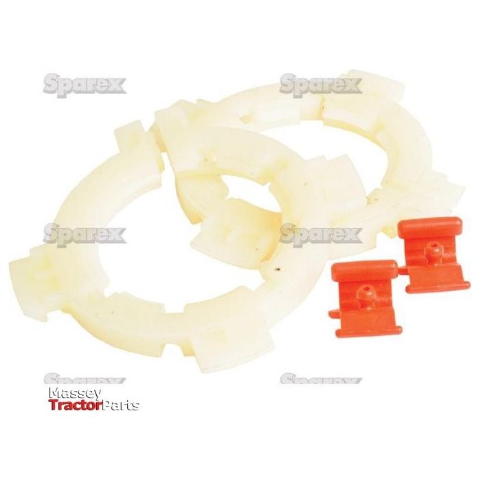 Plastic replacement parts for agricultural machinery, including two white circular pieces and two red clips, branded with "Sparex" and "Massey Tractor Parts." Now featuring Sparex's EASYLOCK BEARINGS 2X55MM LARG (Part No. S.59642) for enhanced durability.