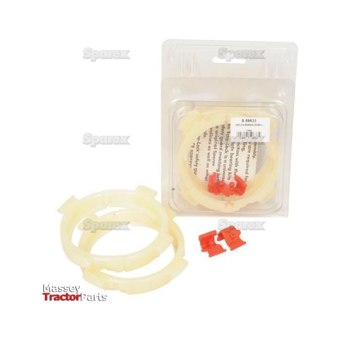 Image showing a plastic packaging containing agricultural machinery parts, including two circular rings and a pair of small red clips. Branding on the packaging includes "S.59633," "EASYLOCK BEARINGS 2X82MM X-L," and "Sparex.