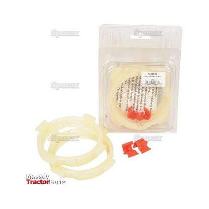 Image showing a plastic packaging containing agricultural machinery parts, including two circular rings and a pair of small red clips. Branding on the packaging includes "S.59633," "EASYLOCK BEARINGS 2X82MM X-L," and "Sparex.