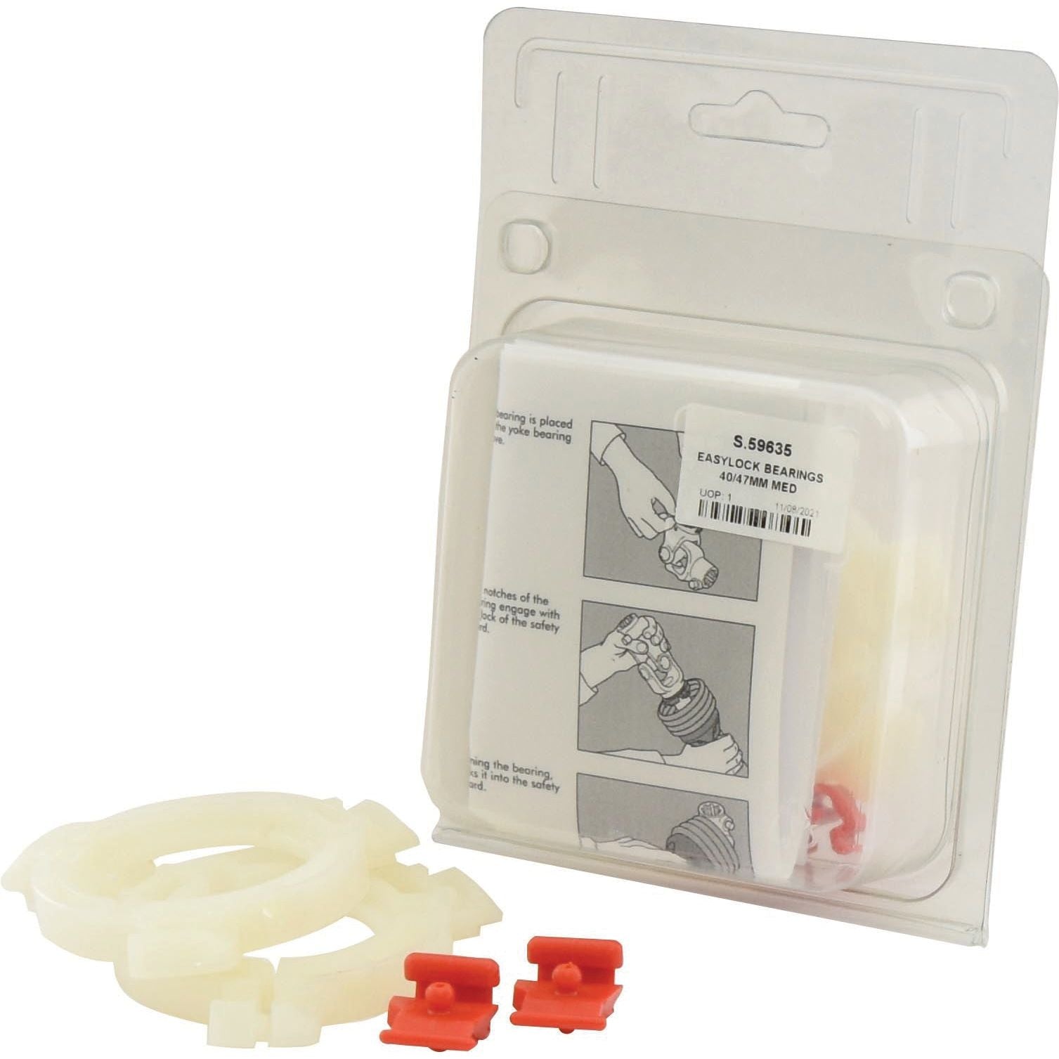 Packaged Sparex EASYLOCK BEARINGS 40/47MM MED (Part No. S.59635) with easy-lock caster bearings, two red plastic clips, white circular bearing components, and instructional inserts visible inside the packaging.