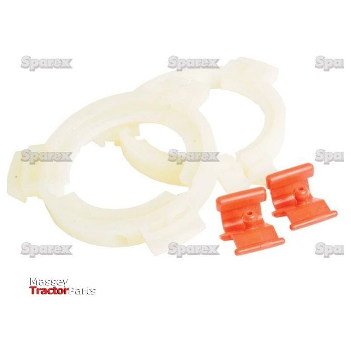 Two white circular plastic rings and two orange plastic clips are displayed against a white background. A faint "Sparex" watermark and "Massey Tractor Parts" logo are visible, highlighting their connection to EASYLOCK BEARINGS 47/54MM MED (Sparex Part No.S.59636).