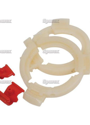 Two beige plastic collars with detached red clips, likely mechanical or fastening components, are pictured against a white background. These resemble parts from Sparex's EASYLOCK B/RINGS 2x41 (Small) for German shafts (Sparex Part No.S.56500).