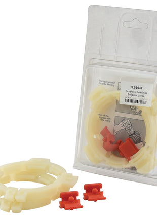 The Easylock Bearings 2x63mm Large by Sparex (Part No.S.59632) are displayed with clear plastic bearing rings and two red clips, along with additional rings and clips packaged in clear plastic on a white cardboard backing. The innovative design of Easylock Bearings guarantees a secure fit, making it a dependable option for various applications.
