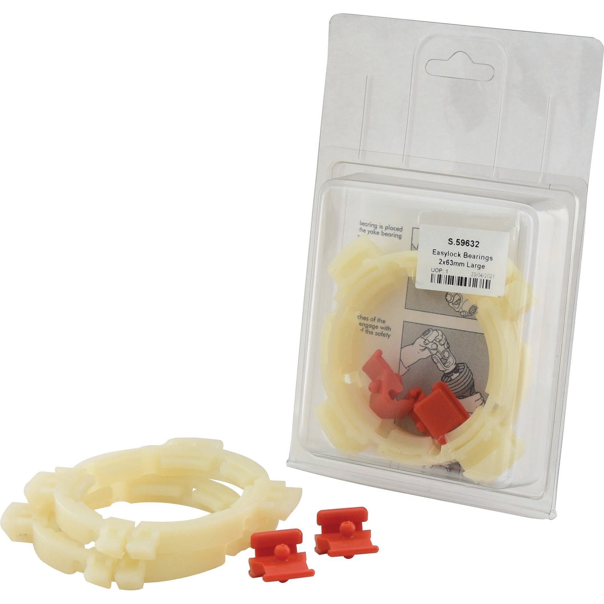 The Easylock Bearings 2x63mm Large by Sparex (Part No.S.59632) are displayed with clear plastic bearing rings and two red clips, along with additional rings and clips packaged in clear plastic on a white cardboard backing. The innovative design of Easylock Bearings guarantees a secure fit, making it a dependable option for various applications.