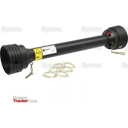 A black PTO Complete Guard Kit by Sparex (S.59640), featuring protective covers at both ends, a yellow warning label, and metal chains. Multiple circular bearing rings and metal clips are displayed next to the shaft. Model: Extra Large (Lz) Length: 1010mm.