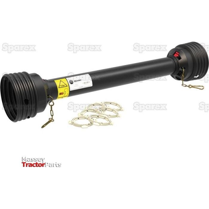 A black PTO Complete Guard Kit from Sparex, featuring a length of 1360mm and medium size, with safety guards and retaining clip chains on both ends, accompanied by several metal rings and Weasler bearing ring kits, displayed against a white background. Part No: S.59664.