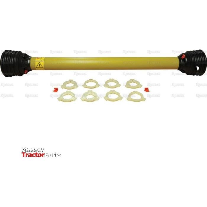A medium-sized PTO Complete Guard Kit (Lz) with a length of 1510mm from Sparex, featuring yellow protective casings, Weasler Easy-Lock red locking mechanisms, and several white washers arranged in two rows - S.56504.