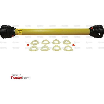 A medium-sized PTO Complete Guard Kit (Lz) with a length of 1510mm from Sparex, featuring yellow protective casings, Weasler Easy-Lock red locking mechanisms, and several white washers arranged in two rows - S.56504.