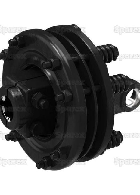 A PTO Friction Clutch (U/J Size: 35 x 94mm), featuring a 1 3/8''-6 Spline - S.6738 from the Sparex brand, is on display against a plain background. This black mechanical component, equipped with multiple bolts and springs, exemplifies the precise engineering of the Italian Series, making it ideal for industrial or machinery use.