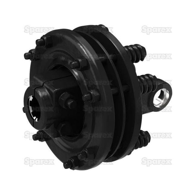 A PTO Friction Clutch (U/J Size: 35 x 94mm), featuring a 1 3/8''-6 Spline - S.6738 from the Sparex brand, is on display against a plain background. This black mechanical component, equipped with multiple bolts and springs, exemplifies the precise engineering of the Italian Series, making it ideal for industrial or machinery use.