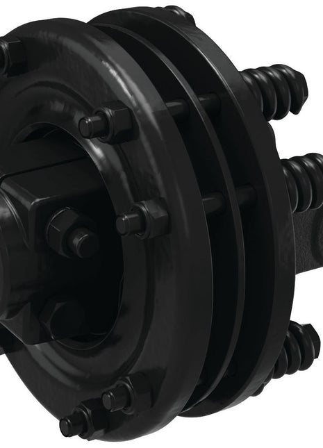 Close-up of a Sparex PTO Friction Clutch (U/J Size: 30.2 x 92mm) - S.6743, featuring bolts, springs, and a protruding fin-like structure. The black mechanical component appears complex with multiple interconnected elements, essential for precise clutch setting in high-torque Nm applications.