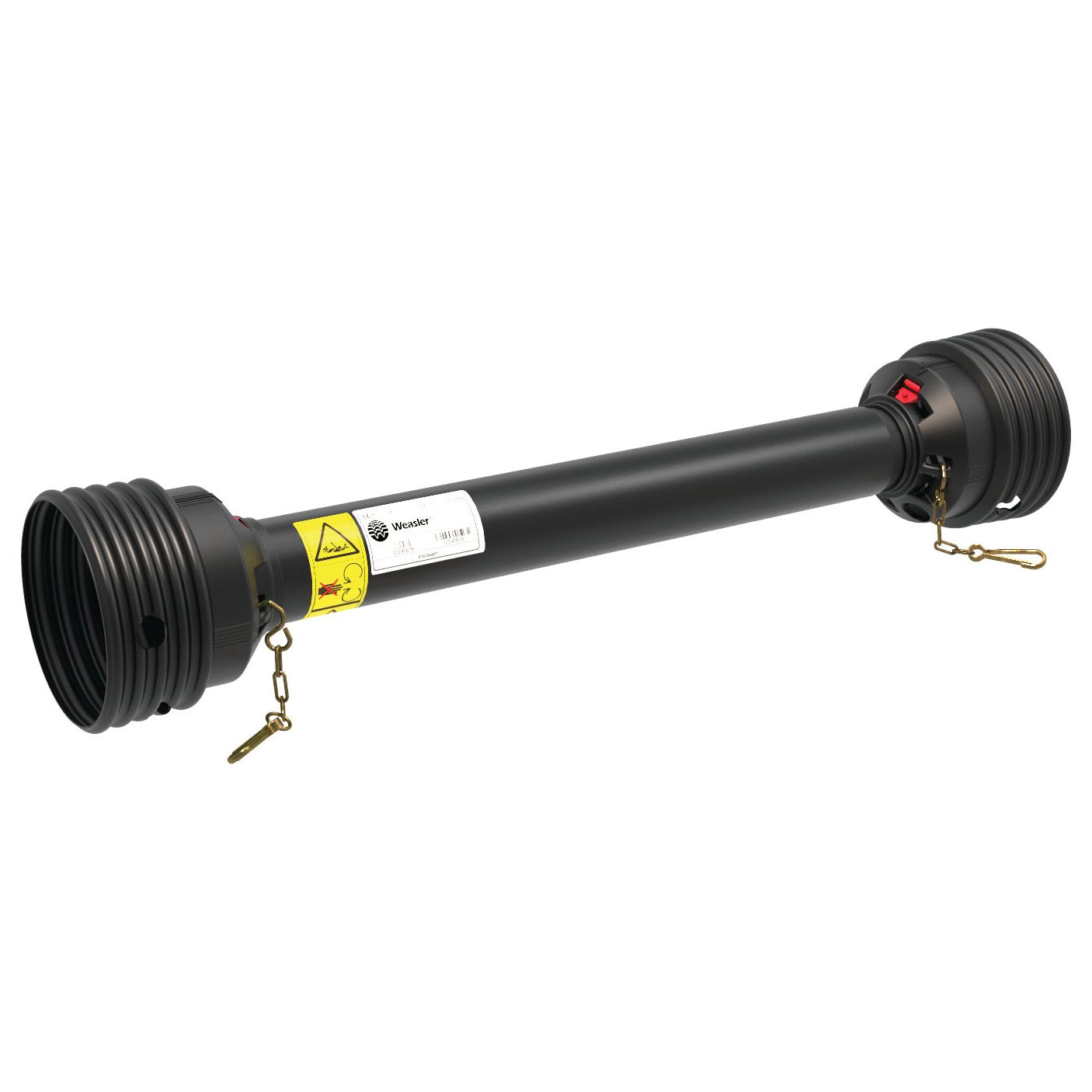 A black Sparex PTO Guard - Easylock, measuring 1010mm in length, Size: Large, featuring safety warnings and dual loop handles on each end for enhanced security.