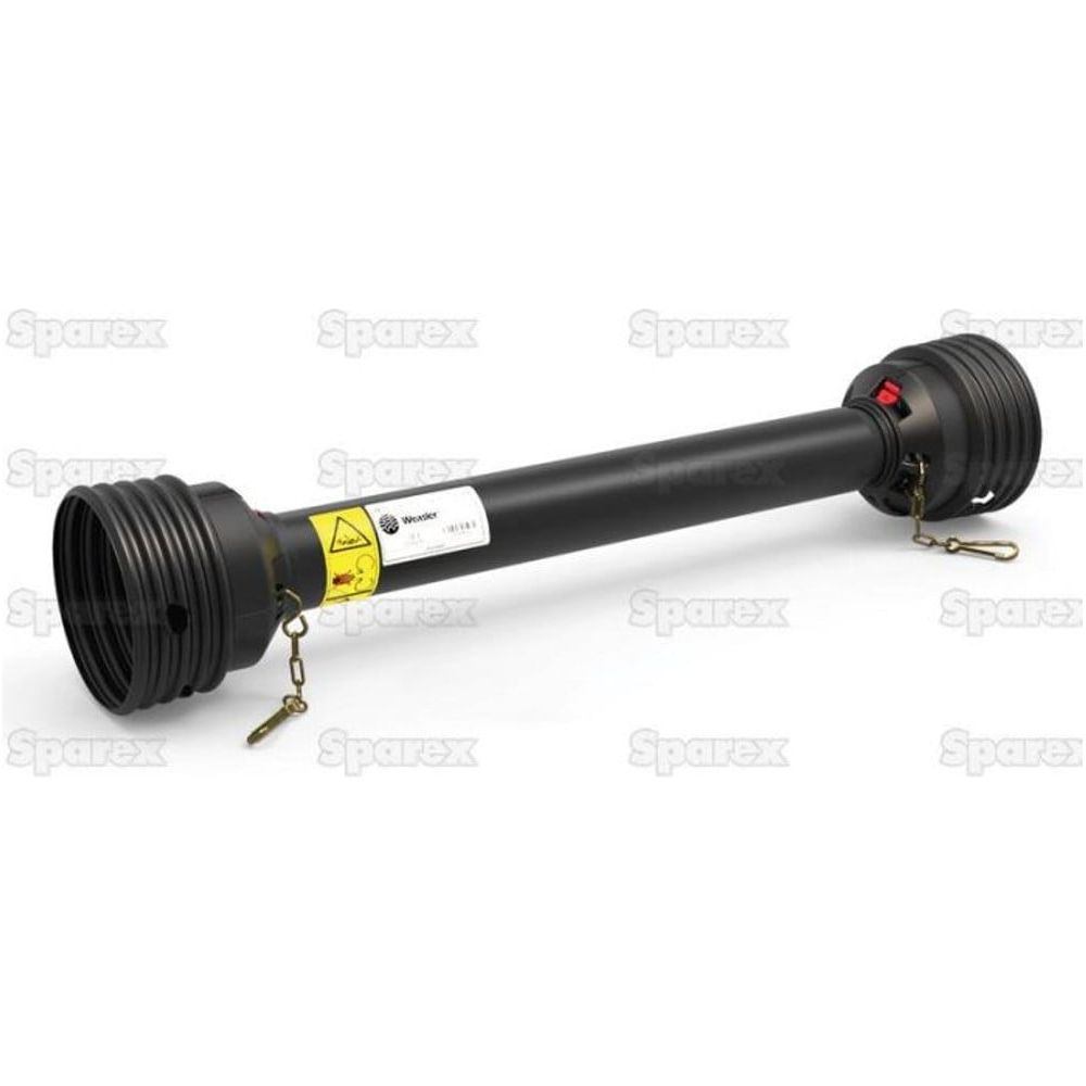 A black, cylindrical PTO Guard - Easylock from Sparex, measuring 1010mm in length and featuring warning labels along with gold Easylock chain fittings on both ends, set against a white background.
