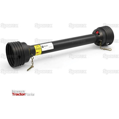 A black PTO Guard - Easylock mechanical shaft component labeled with safety warnings, featuring attached chains and connectors, displayed against a white background with "Sparex" and "Massey Tractor Parts" logos. This large-sized (1510mm) protective device includes the Easylock system for enhanced security. (Sparex Part No. S.59615).