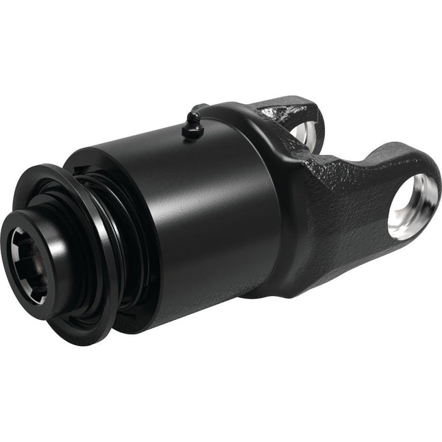 A black cylindrical mechanical component with a threaded section and a mounting hole on one end, designed to meet Weasler's universal joint dimensions, the Sparex PTO Over-Running Clutch (U/J Size: 35 x 106.5mm), Size: 1 3/8''-6 Spline - S.6749.