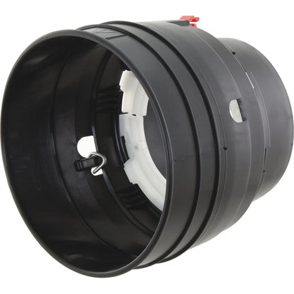The Weasler PTO Safety Cone, Sparex Part No.S.56634, by Sparex is a cylindrical black plastic pipe connector with a white interior component, featuring a metal clasp and bearing groove, designed for securing and joining sections of piping.