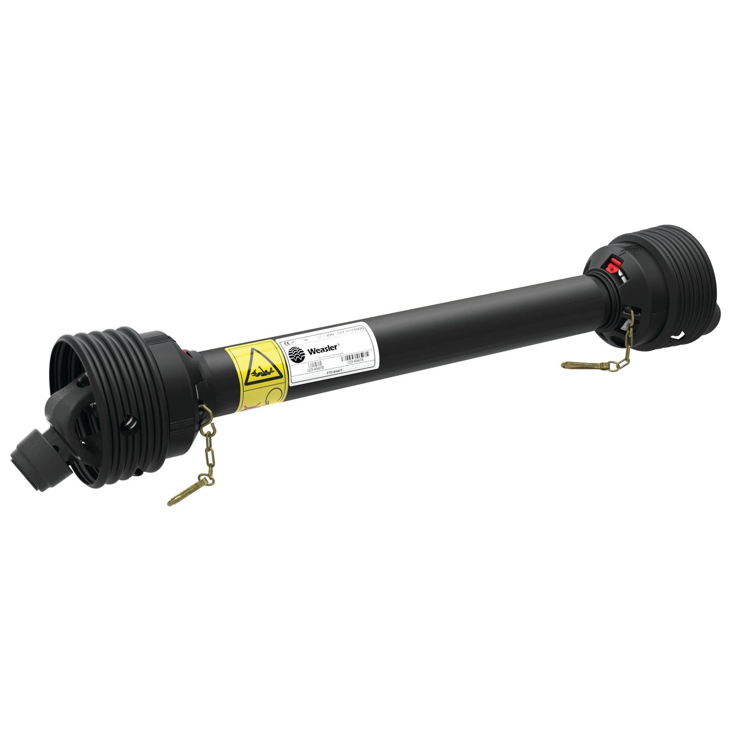 Close-up of a black mechanical component with cylindrical ends and warning labels, featuring attachment points and safety mechanisms. This Weasler PTO Shaft by Sparex - German Series AW36/W2500 model includes an Easylock Guard Type for added safety and boasts an impressive HP Rating @ 540RPM. This model, identified as S.39018, has a length of 1010mm and features a 1 3/8'' x 6 Spline Quick Release to another 1 3/8'' x 6 Spline Quick Release configuration.