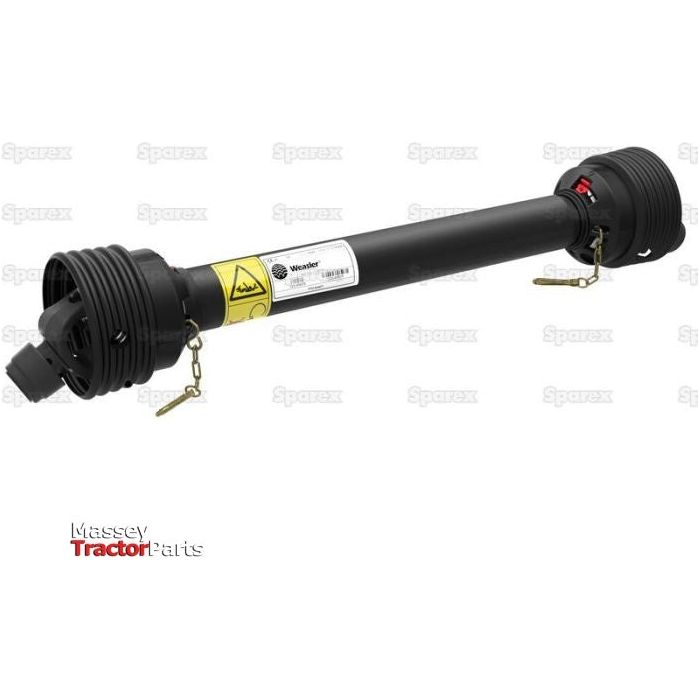 Close-up of a Weasler PTO Shaft (Lz) with a length of 1010mm, featuring 1 3/8'' x 6 Spline Q.R. to 1 3/8'' x 6 Spline Q.R., adorned with yellow safety labels and designed for agricultural machinery. The shaft incorporates the Easylock Guard Type and showcases Sparex branding on a white background.