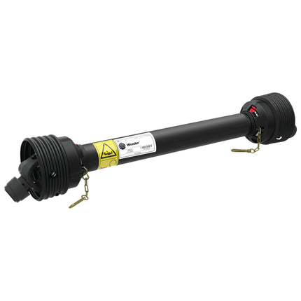 A black Sparex Weasler PTO Shaft, model S.39009, measuring 710mm in length and furnished with protective guards and a central warning label, designed specifically for 36HP equipment from the PTO Series, featuring a 1 3/8'' x 6 Spline Q.R. on both ends.