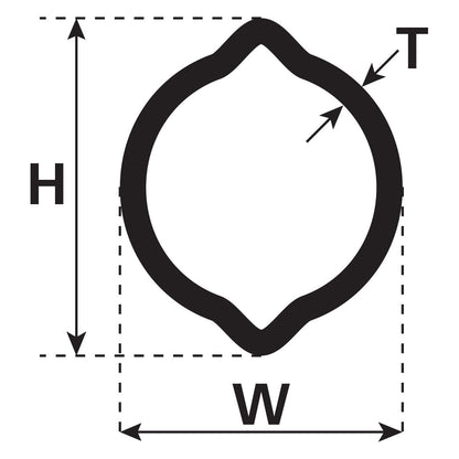 A technical drawing of a cross-sectional shape for the PTO Tube - Lemon Profile, Length: 3M (Oa) - S.4705 by Sparex, with clearly labeled dimensions for height (H), width (W), and thickness (T).