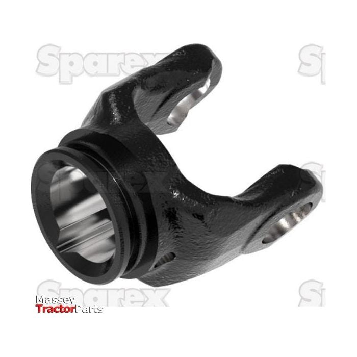 Close-up of a black metal PTO Tube Yoke (U/J Size: 23.8 x 61.2mm) from the Sparex brand, designed for tractor parts, featuring two prongs with holes and a cylindrical section for attachment. The background shows the text "Sparex" faintly repeated.