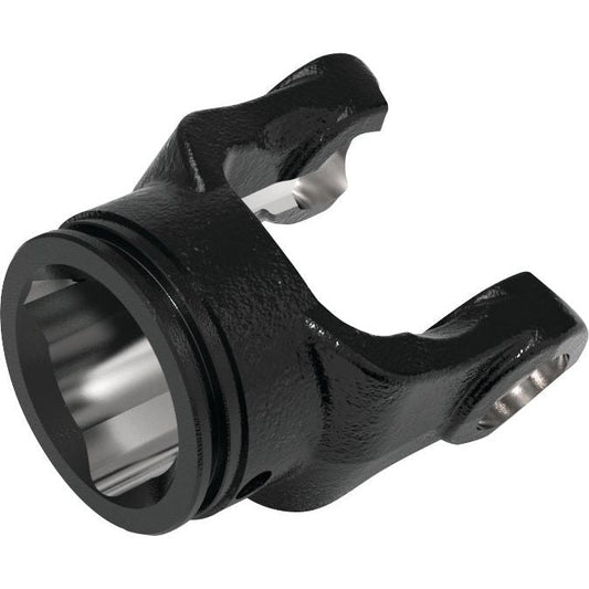 Image of a black mechanical yoke, likely used in automotive or industrial machinery, featuring a cylindrical opening and two pronged arms. This is the PTO Tube Yoke (U/J Size: 27 x 70mm) by Sparex, part of the PTO Series, with a triangular profile measuring 36 x 36 x 3.4mm (Ref: 12505), ensuring compatibility and reliability in heavy-duty applications.