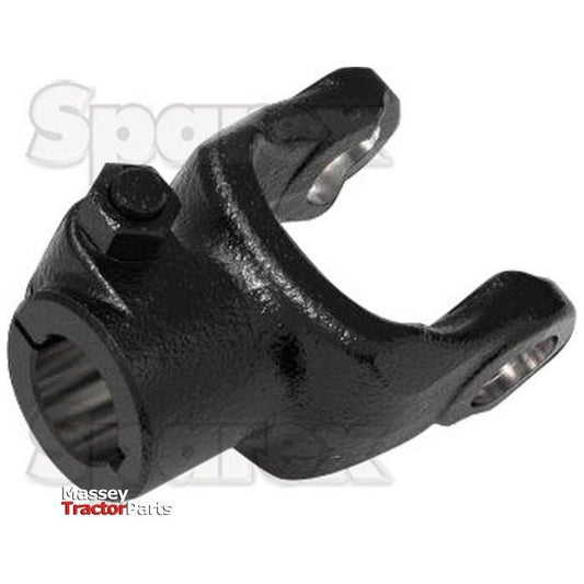 A black PTO yoke with a U-shape design, featuring an interfering clamp bolt on the left side, likely intended as an industrial component for machinery. The item is positioned against a white background and could be part of the Weasler PTO Series or pertain to Universal Joint Dimensions. This specific product is identified as the Sparex PTO Yoke - Interfering Clamp Bolt (U/J Size: 30.2 x 92mm) Bore Ø30mm, Key Size: 8mm, with Sparex Part No.S.115455.