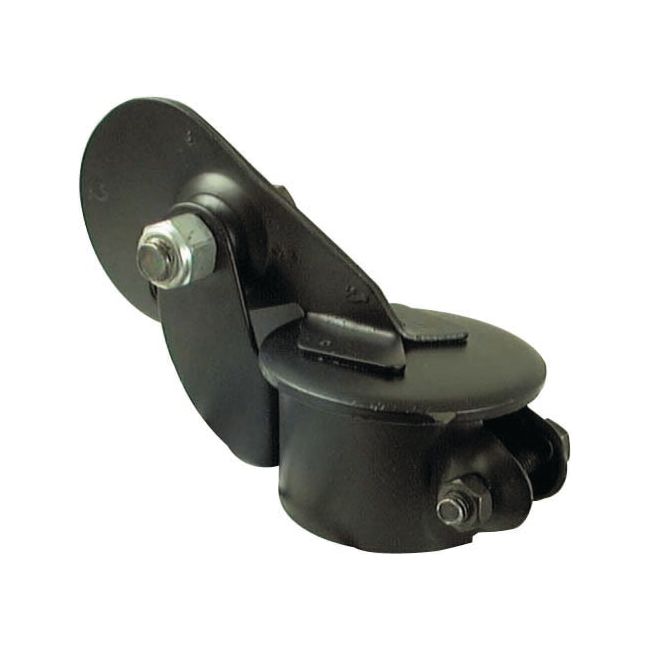 Introducing the Sparex Weather Cap - Counter Balanced (Ø 1 3/4'', 44.45mm), featuring a hinge with a bolt and nut assembly designed for industrial or machinery use. It boasts a black finish, a round base, a rotating mechanism, and an integrated weather cap for added protection. Available under Sparex Part No.S.14449.