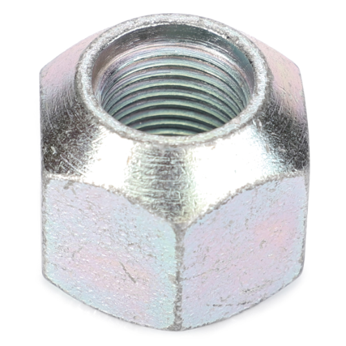 Close-up image of an AGCO Massey Ferguson - Wheel Nut Rear - 881162M2, a metallic hexagonal nut with internal threading, situated near the rear wheel.