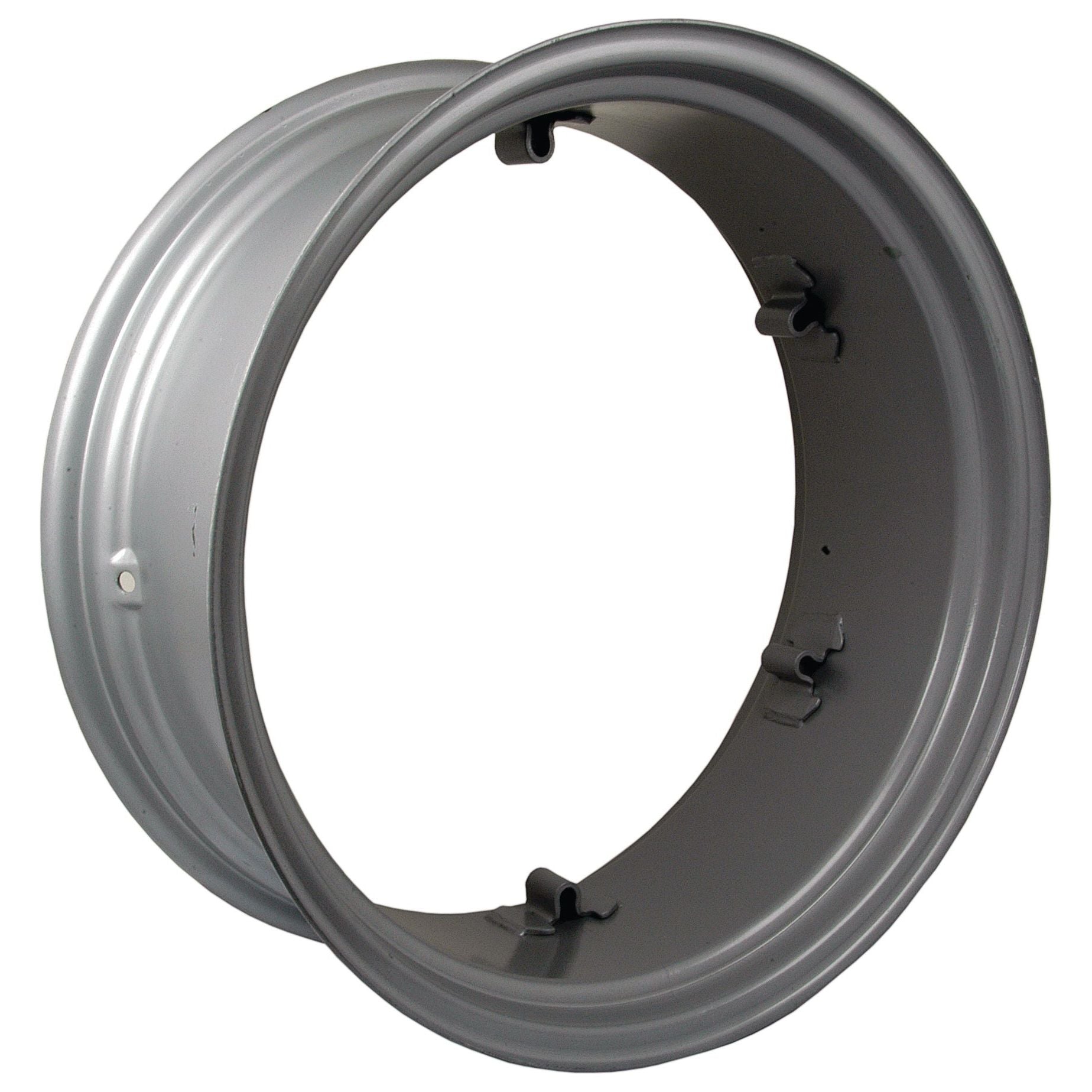 A large, 11 x 28'' round metal wheel rim with a grey finish and four interior mounting clips, compatible with Sparex products, identified as Wheel Rim S.42555.