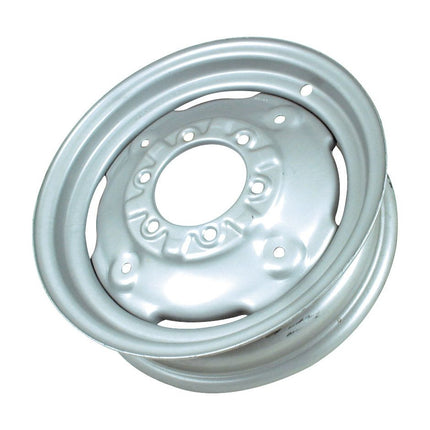 The Sparex Wheel Rim, model S.40286, with dimensions of 4.5 x 16 inches, showcases a silver metallic finish, multiple bolt holes, and a circular central opening with a precise bore diameter, as seen from an angled view.