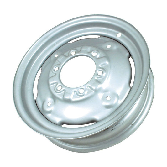 The Sparex Wheel Rim, model S.40286, with dimensions of 4.5 x 16 inches, showcases a silver metallic finish, multiple bolt holes, and a circular central opening with a precise bore diameter, as seen from an angled view.