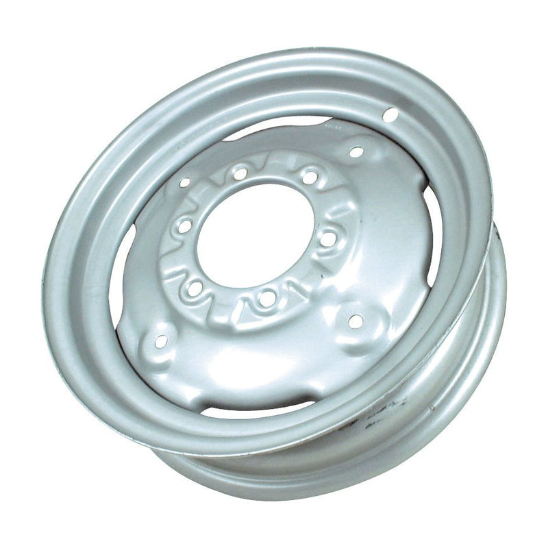The Sparex Wheel Rim, model S.40286, with dimensions of 4.5 x 16 inches, showcases a silver metallic finish, multiple bolt holes, and a circular central opening with a precise bore diameter, as seen from an angled view.