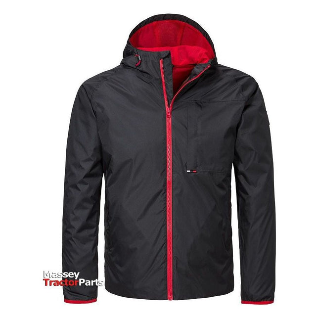 A black and red hooded Massey Ferguson - Windbreaker Unisex (X993322209) jacket with a zipper, perfect for outdoor activities, displayed on a white background. The text "Massey Tractor Parts" is visible at the bottom left corner of the image.