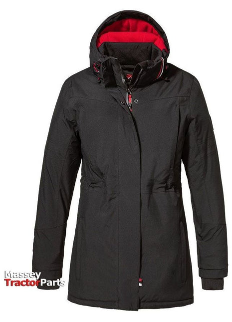 A black AGCO Massey Ferguson winter jacket for women (product code X993322205), with a hood and red inner lining, is displayed against a white background. The windproof parka includes a front zipper and two zipped pockets. The "Massey Tractor Parts" logo is visible in the image.