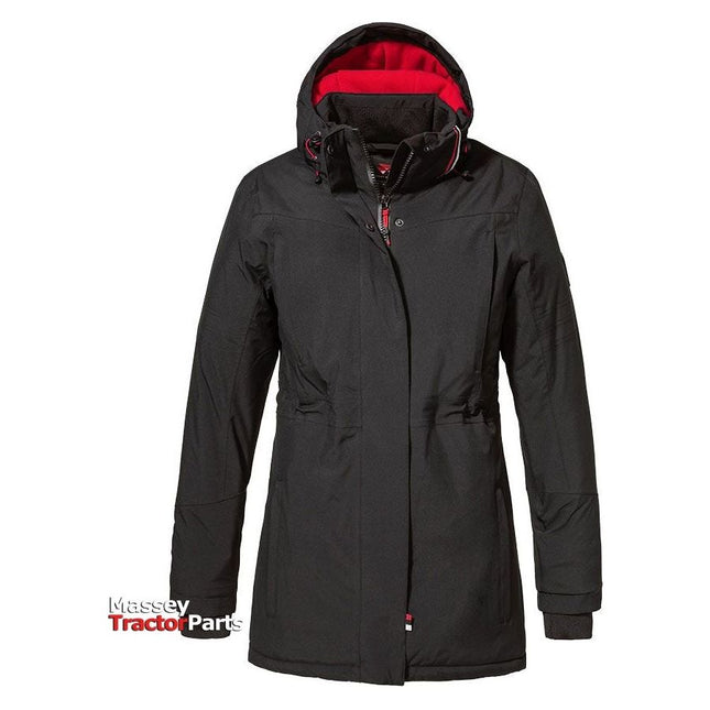 A black AGCO Massey Ferguson winter jacket for women (product code X993322205), with a hood and red inner lining, is displayed against a white background. The windproof parka includes a front zipper and two zipped pockets. The "Massey Tractor Parts" logo is visible in the image.