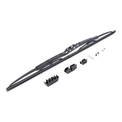 The AGCO Massey Ferguson Wiper Blade (model 3620127M91) in black, with various mounting components and small screws spread out below it, is designed specifically for the Massey Ferguson 300 Series.