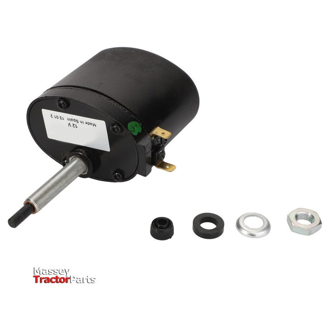 The AGCO Massey Ferguson - Wiper Motor - 3582046M1 is a black cylindrical 12V motor featuring a metal shaft and five accompanying components (a cap, a rubber washer, a metal washer, a gasket, and a nut) arranged linearly next to the motor. This product is ideal for use in 2WD or 4WD Massey Ferguson models.