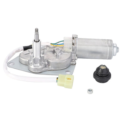 AGCO's Massey Ferguson - Wiper Motor - 6243495M91 is a silver automotive part featuring an attached wiper motor, a black rubber component, a white electrical connector, and a small nut, all set against a white background. Perfect for Massey Ferguson tractors needing single-speed operation.