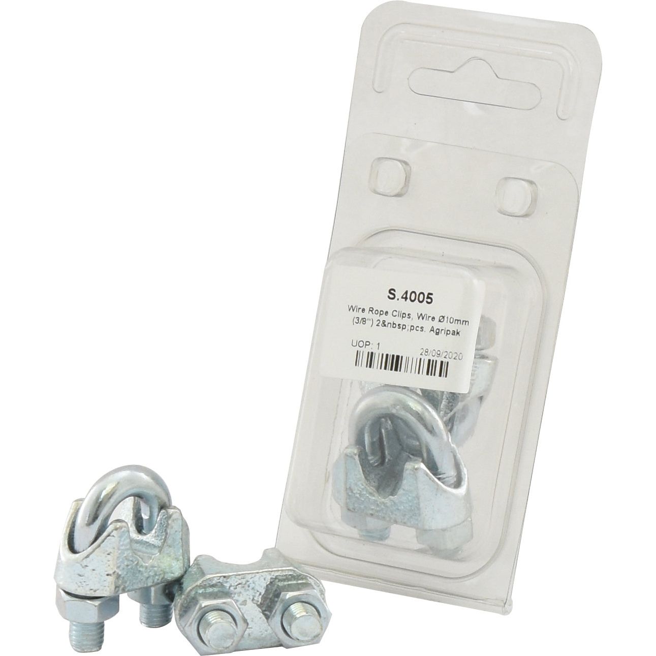 Image of two wire rope clips next to a packaged set of the same clips. The packaging, resembling that of a Sparex Water Pump Repair Kit, has a label with product details for Sparex Part No.S.4005.