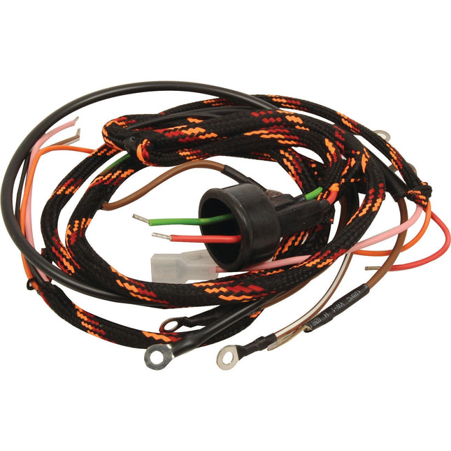 The Sparex Wiring Harness, Sparex Part No. S.43645, features multi-colored wires—including red, green, and black—coiled within a black and orange braided sheath. The harness includes various exposed wire ends and connectors that are designed to deliver robust performance in diesel engines such as those from Massey Ferguson.